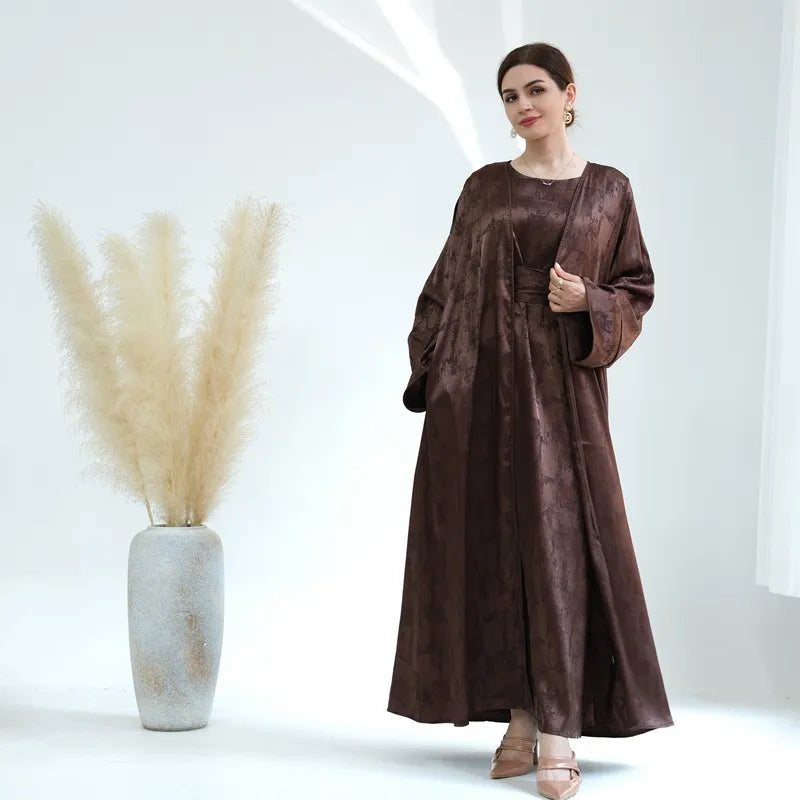 Jacquard Satin 2 Pieces Set Muslim Women Open Abaya Dress