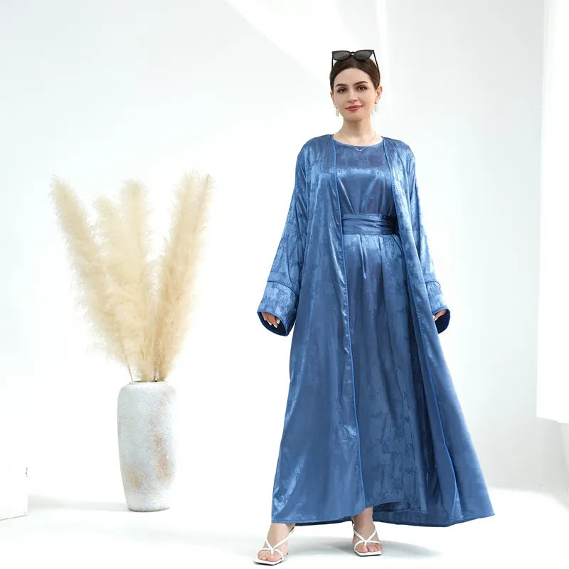 Jacquard Satin 2 Pieces Set Muslim Women Open Abaya Dress