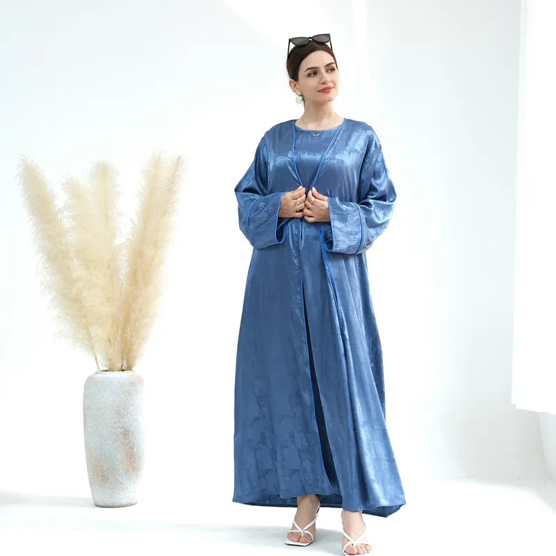 Jacquard Satin 2 Pieces Set Muslim Women Open Abaya Dress