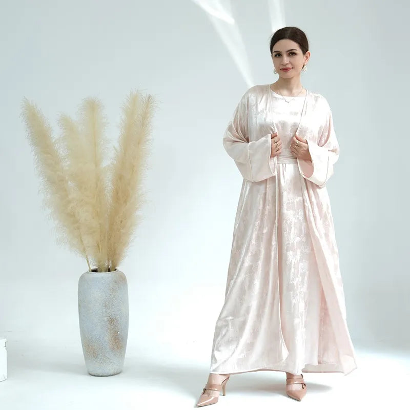 Jacquard Satin 2 Pieces Set Muslim Women Open Abaya Dress
