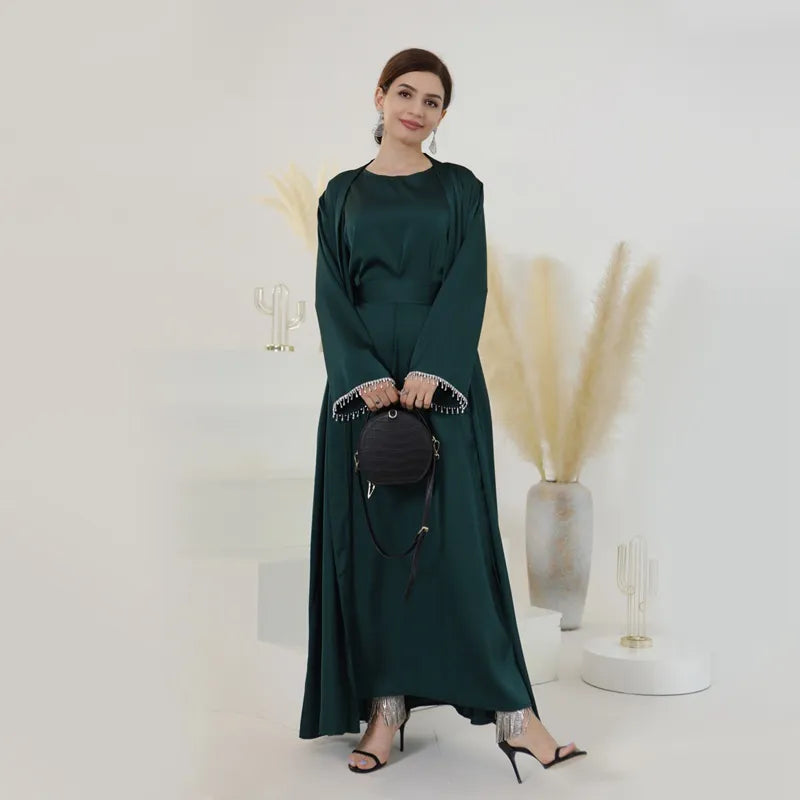 Muslim Women Beads Sleeve Satin Cardigan Open Abaya Dress Eid Celebrat Urgarment Muslim Women Beads Sleeve Satin Cardigan Open Abaya Dress Eid Celebrat Urgarment