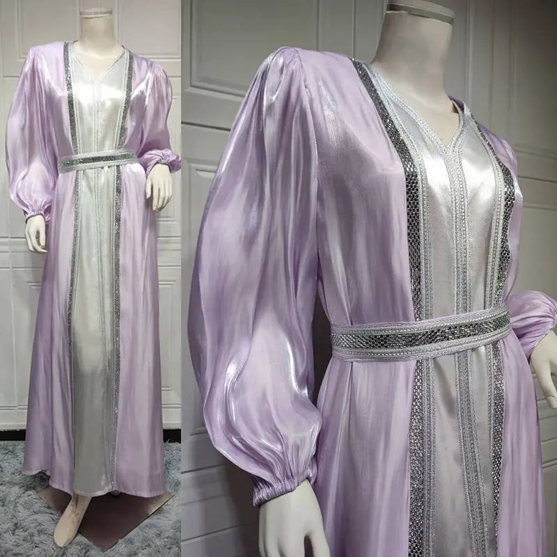 Eid Dress 2 Pieces Set Hotfix Rhinestone Satin Open Abaya Kaftan Dress, With Outer Abaya Dress And Inner Sleeveless Dress