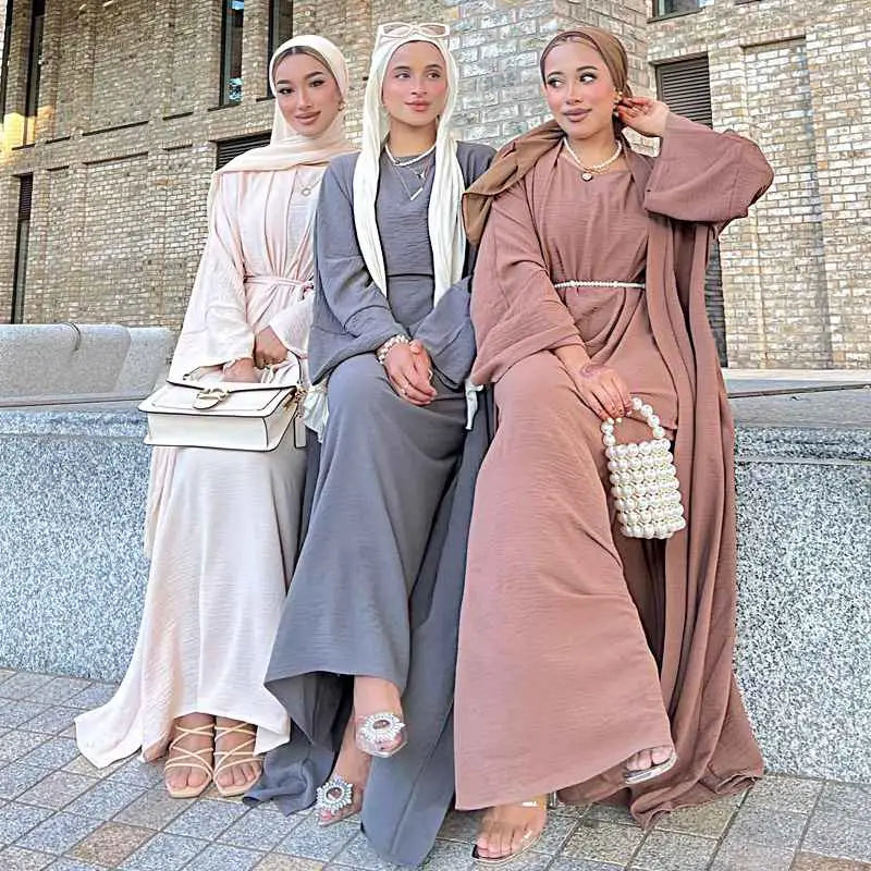 2 Pieces Set Wrinkle Muslim Women Abaya Dress Set With Open Abaya And
