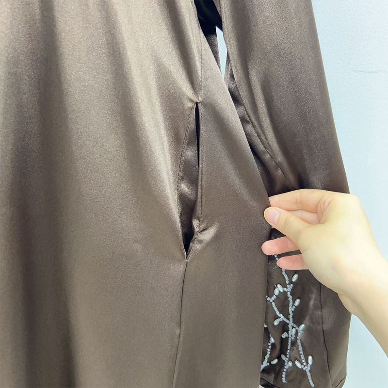 Cotton-Blended Hand Beading Muslim Women Open Abaya Dress