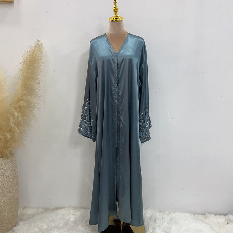 Cotton-Blended Hand Beading Muslim Women Open Abaya Dress