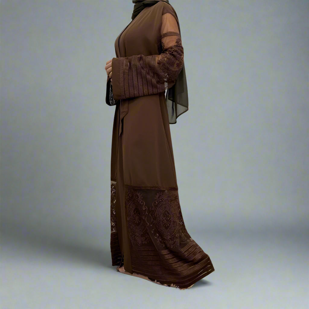 Muslim Women Mesh Embroidery Cardigan Open Abaya Dress