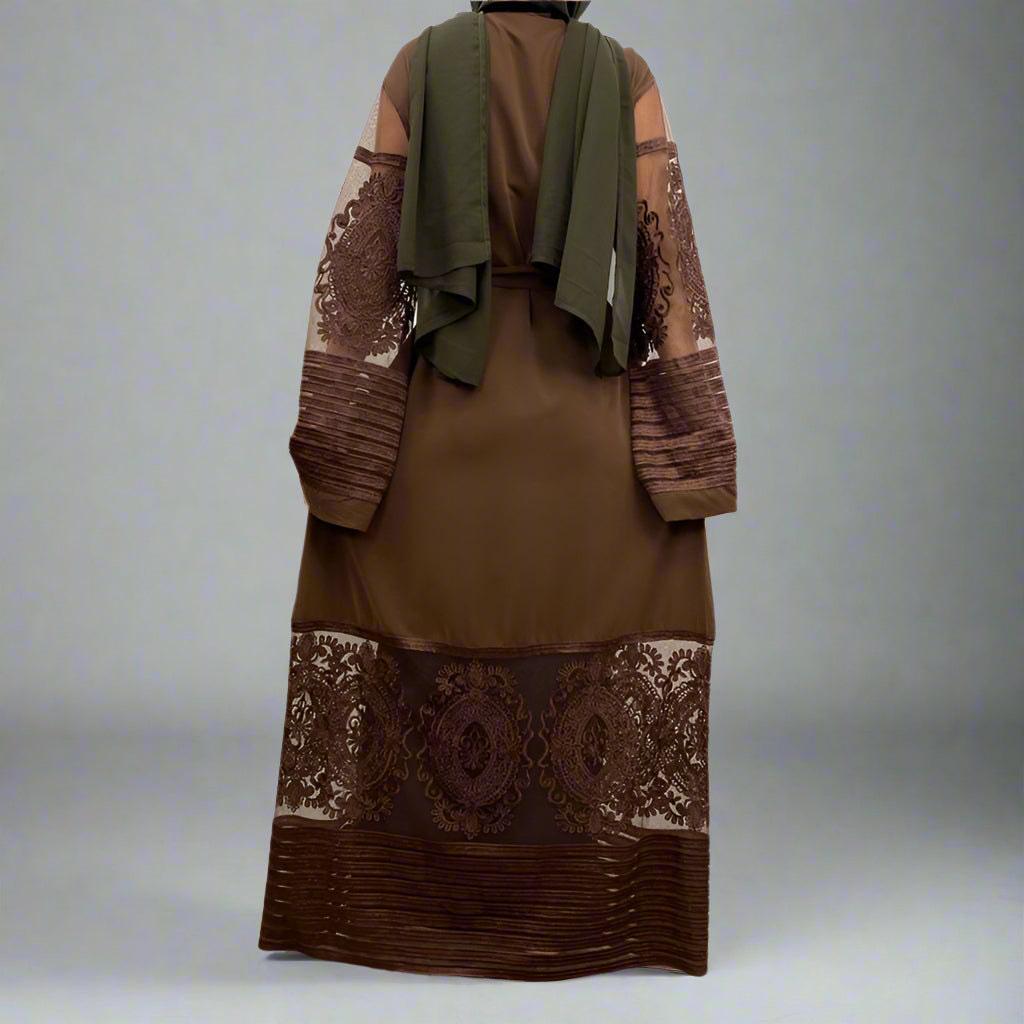 Muslim Women Mesh Embroidery Cardigan Open Abaya Dress