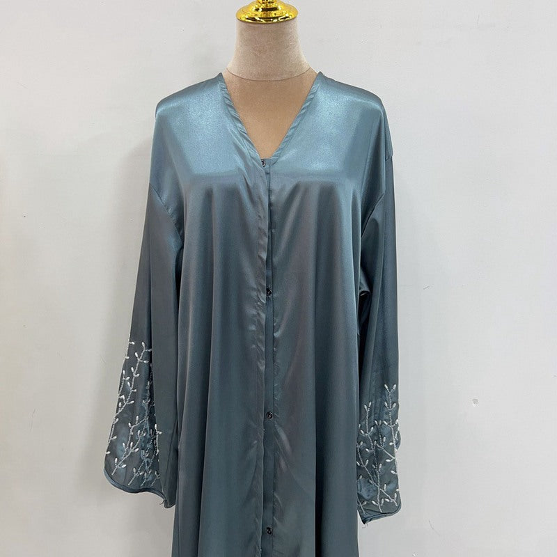 Cotton-Blended Hand Beading Muslim Women Open Abaya Dress