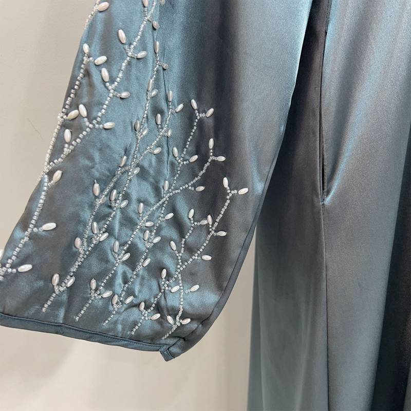 Cotton-Blended Hand Beading Muslim Women Open Abaya Dress