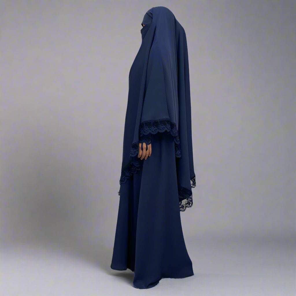 Front Zipper Lace Sleeve Muslim Women Abaya Dress