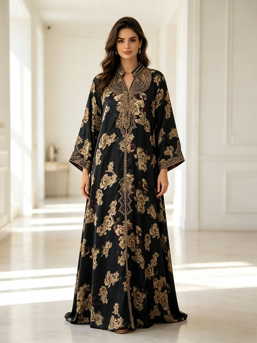 black and gold muslim dress Eid Rope Embroidery Kaftan Caftan For Women feature:KEYHOLE