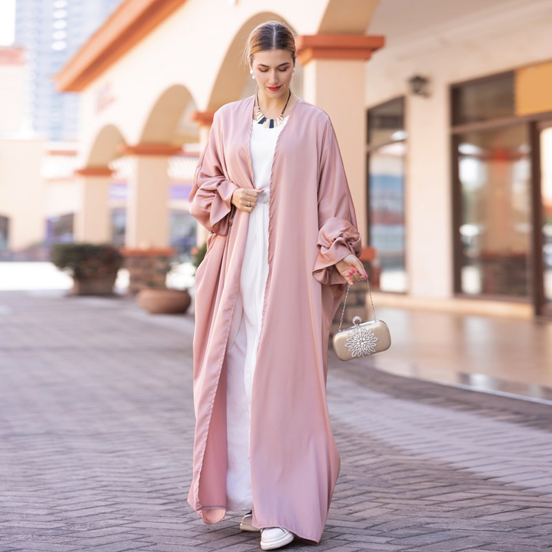 Puff Sleeve Satin Cardigan Open Abaya Dress Muslim Women