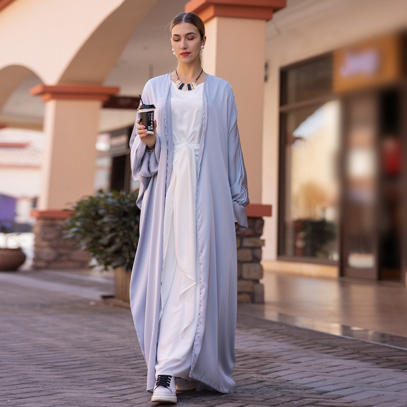 Puff Sleeve Satin Cardigan Open Abaya Dress Muslim Women