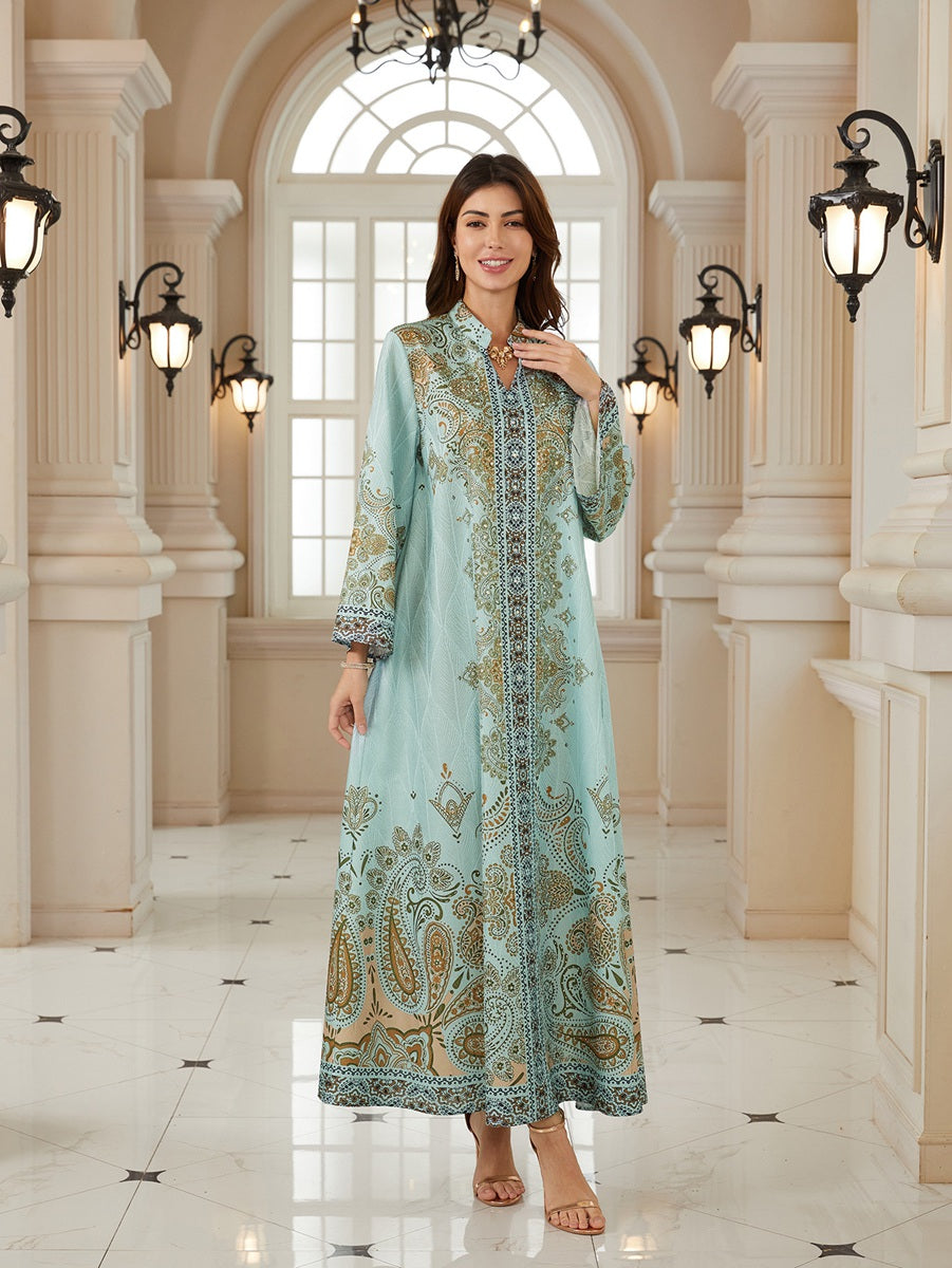 Hotfix Rhinestones Jacuqard Printed Caftan Kaftan Dress For Women - Mukhawar Jalabiya Eid Dress - Green - #26N09