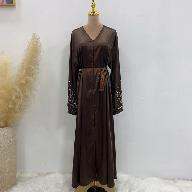 Cotton-Blended Hand Beading Muslim Women Open Abaya Dress