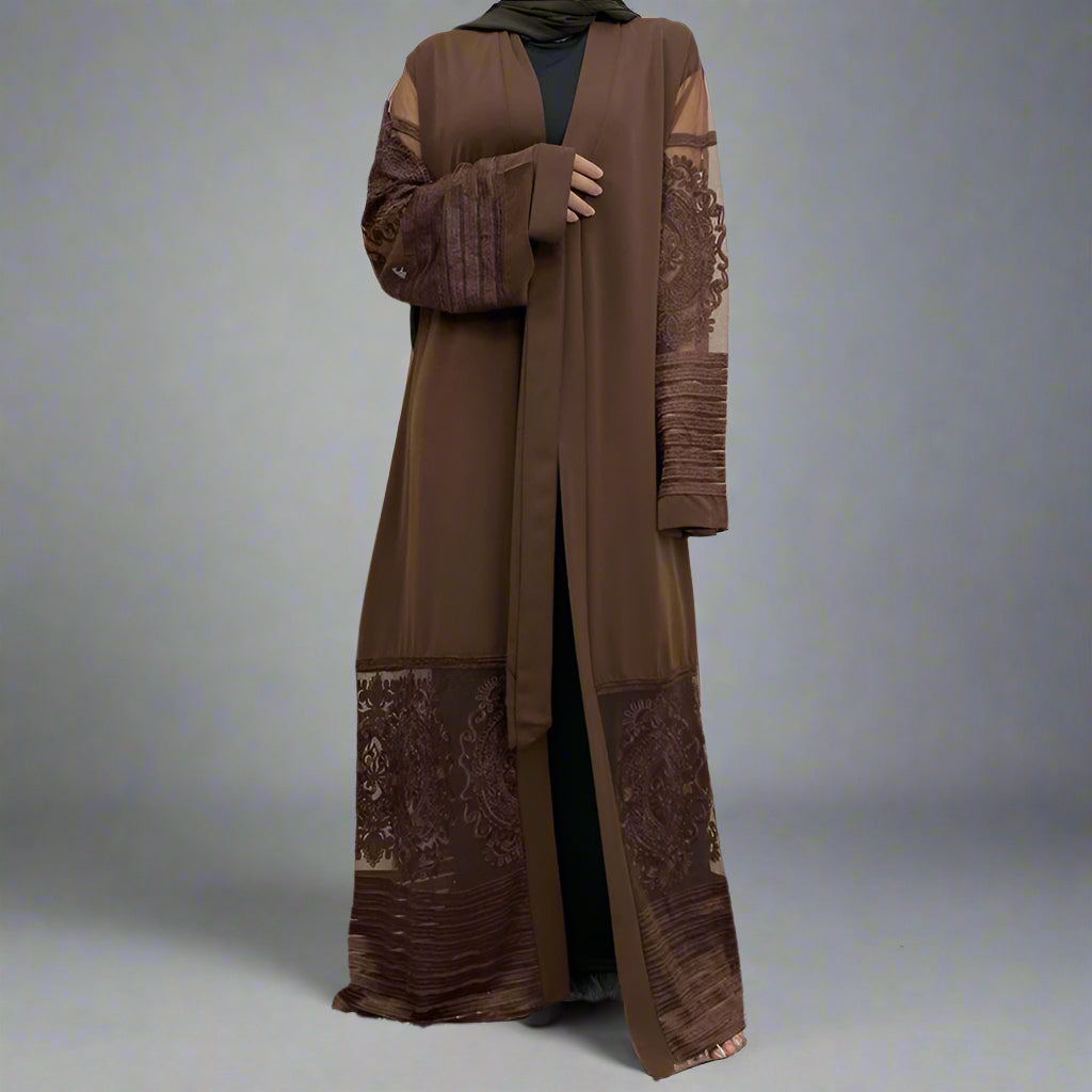 Muslim Women Mesh Embroidery Cardigan Open Abaya Dress