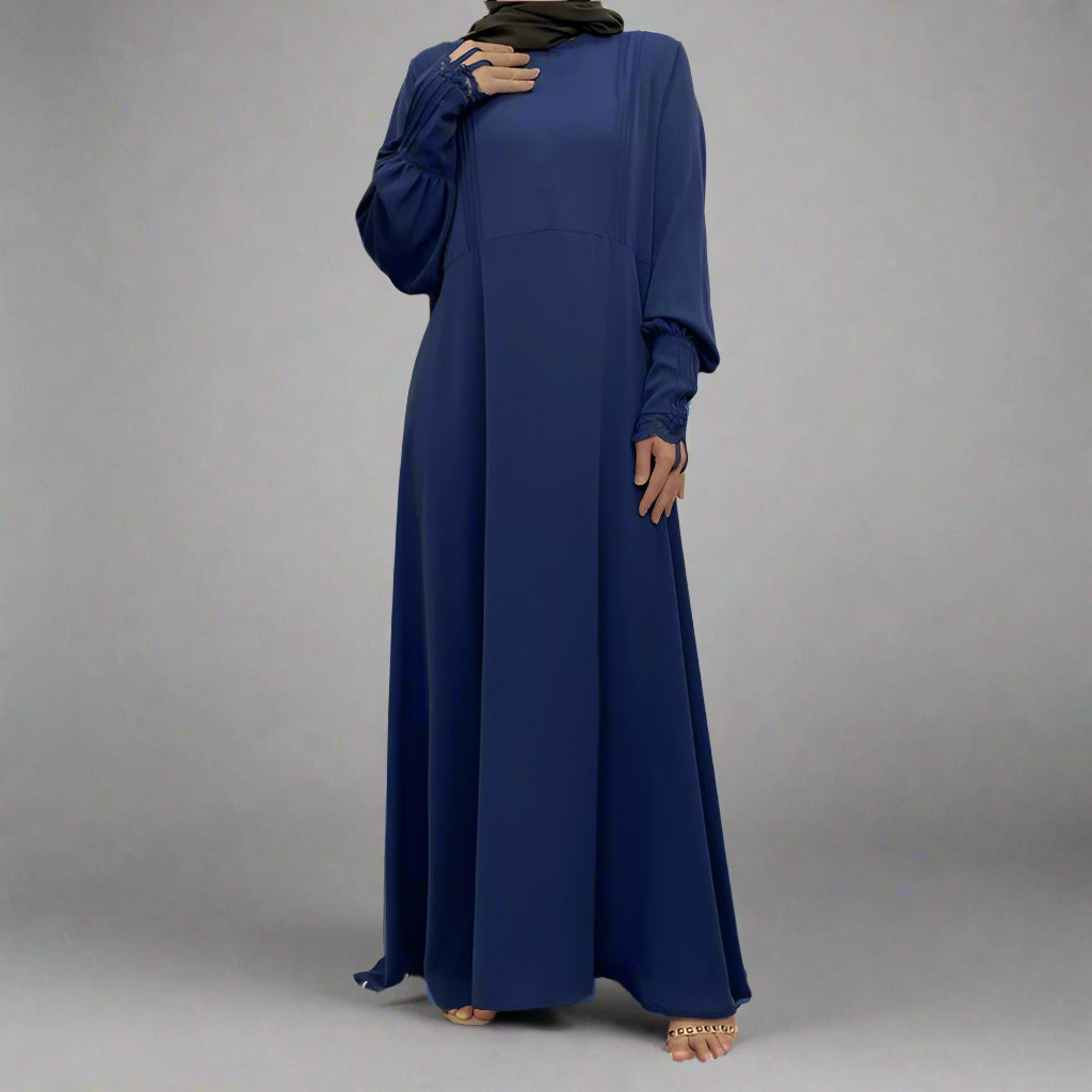 Front Zipper Lace Sleeve Muslim Women Abaya Dress