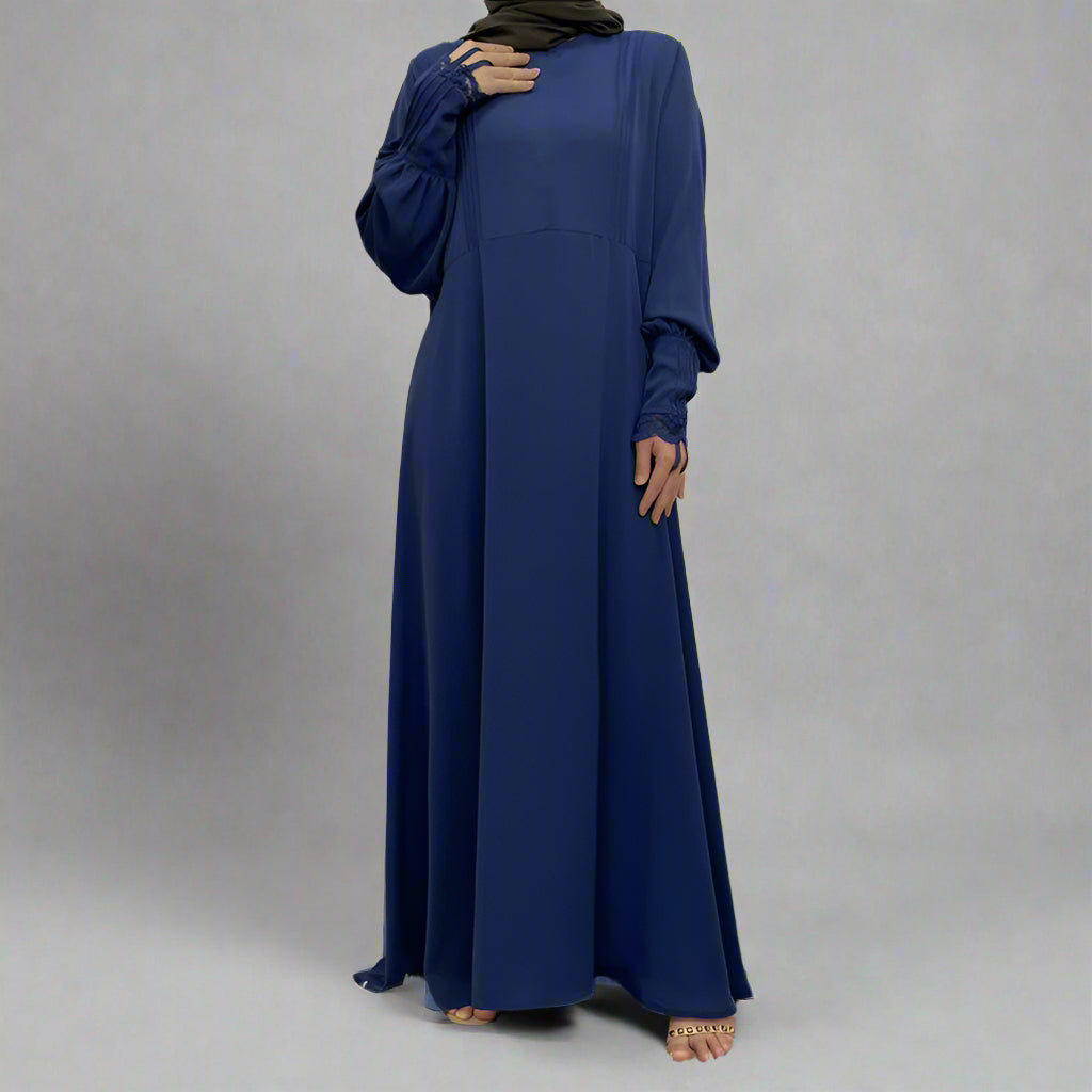 Front Zipper Lace Sleeve Muslim Women Abaya Dress
