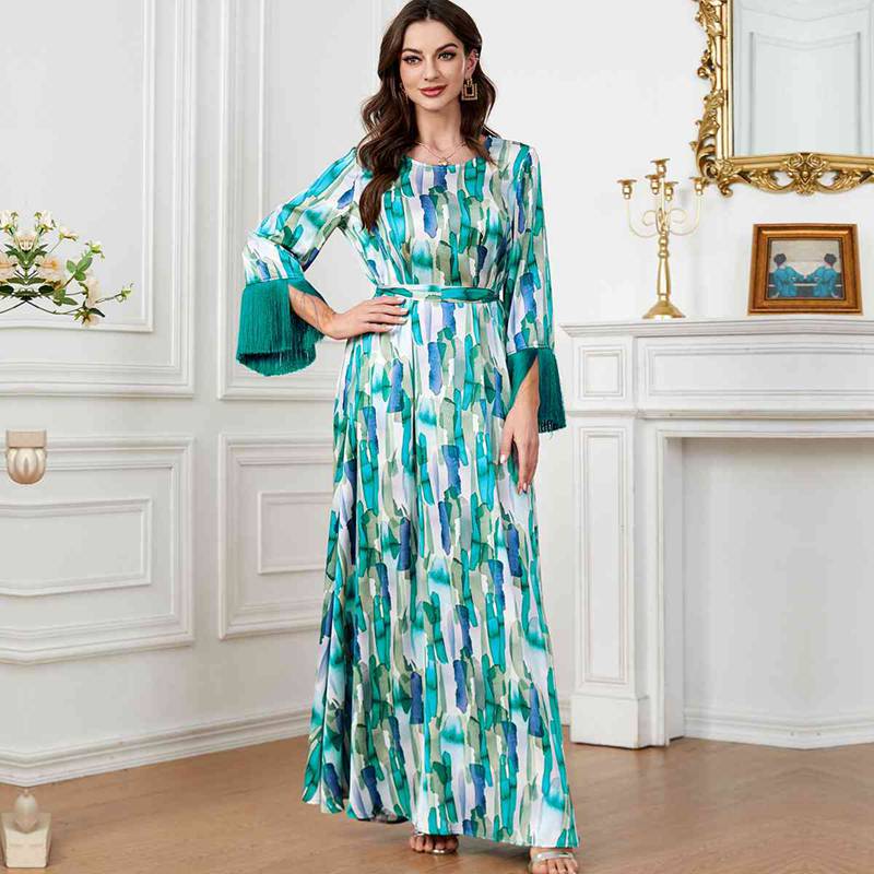 Muslim Women Tassel Printed Caftan Kaftan Dress