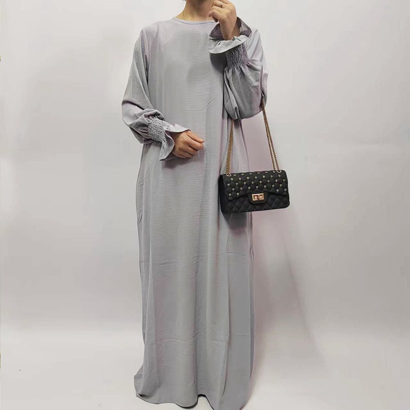 Muslim Women Flower Elastic Sleeve Solid Color Abaya Dress