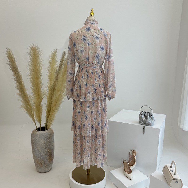 Cute Chiffon Flower Printed Long Abaya Dress