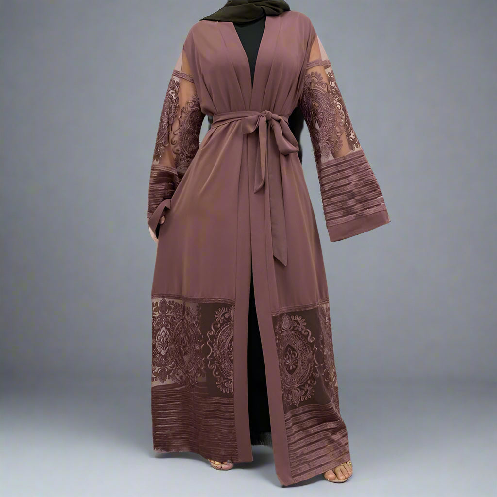 Muslim Women Mesh Embroidery Cardigan Open Abaya Dress