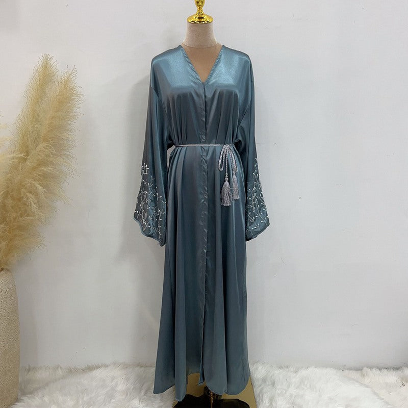Cotton-Blended Hand Beading Muslim Women Open Abaya Dress