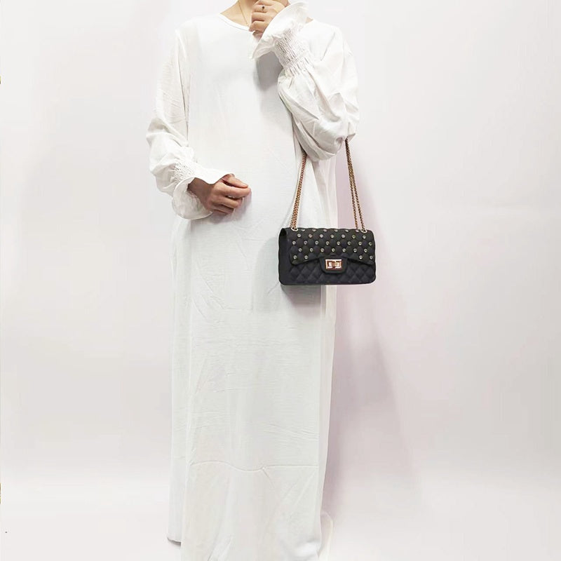 Muslim Women Flower Elastic Sleeve Solid Color Abaya Dress