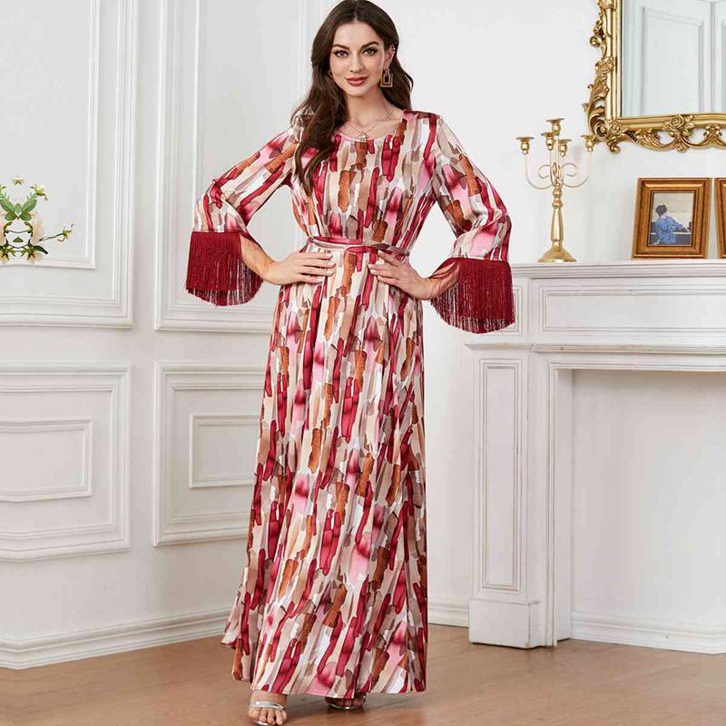 Muslim Women Tassel Printed Caftan Kaftan Dress