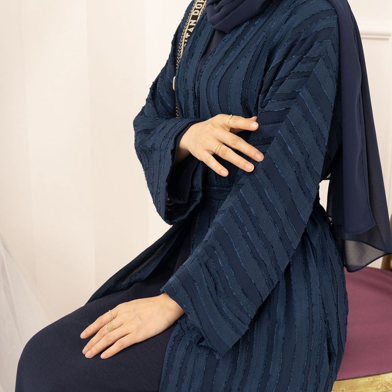 Muslim Women Stripe Cardigan Open Abaya Dress With Hijab Scarf And Pocket