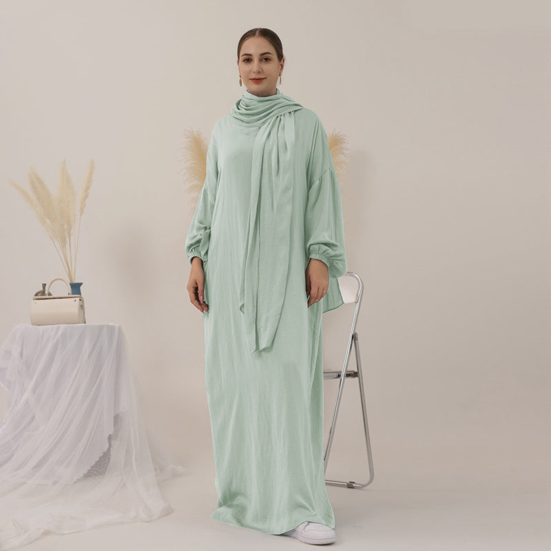 13 Color Options Solid Color Abaya Dress With Hijab Scarf One Piece