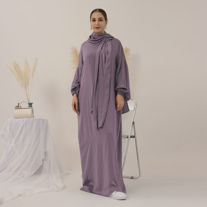 13 Color Options Solid Color Abaya Dress With Hijab Scarf One Piece