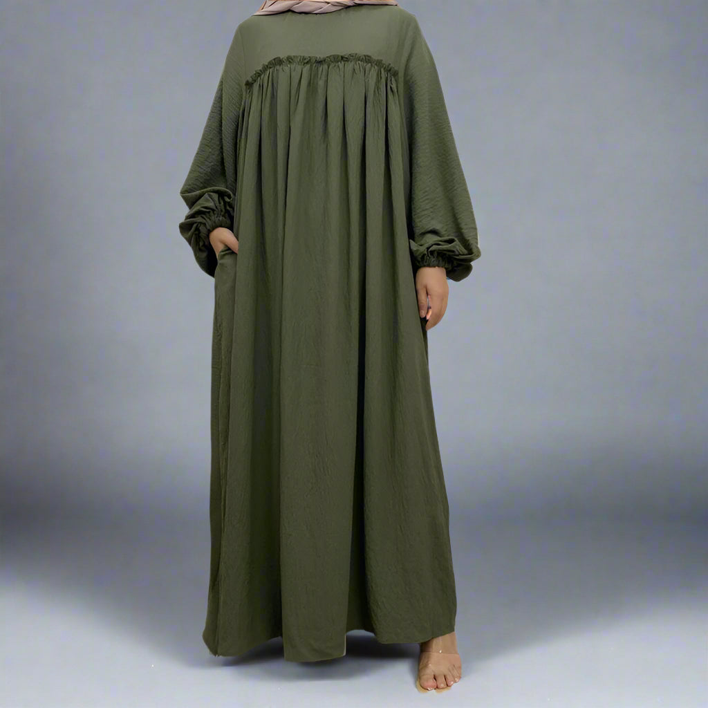 Muslim Women Satin Loose Abaya Dress With Pocket