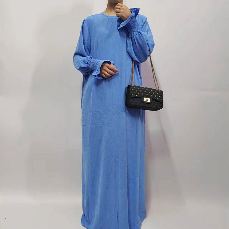 Muslim Women Flower Elastic Sleeve Solid Color Abaya Dress