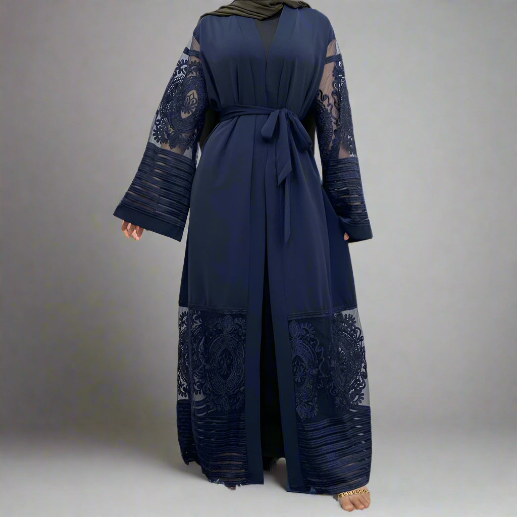 Muslim Women Mesh Embroidery Cardigan Open Abaya Dress