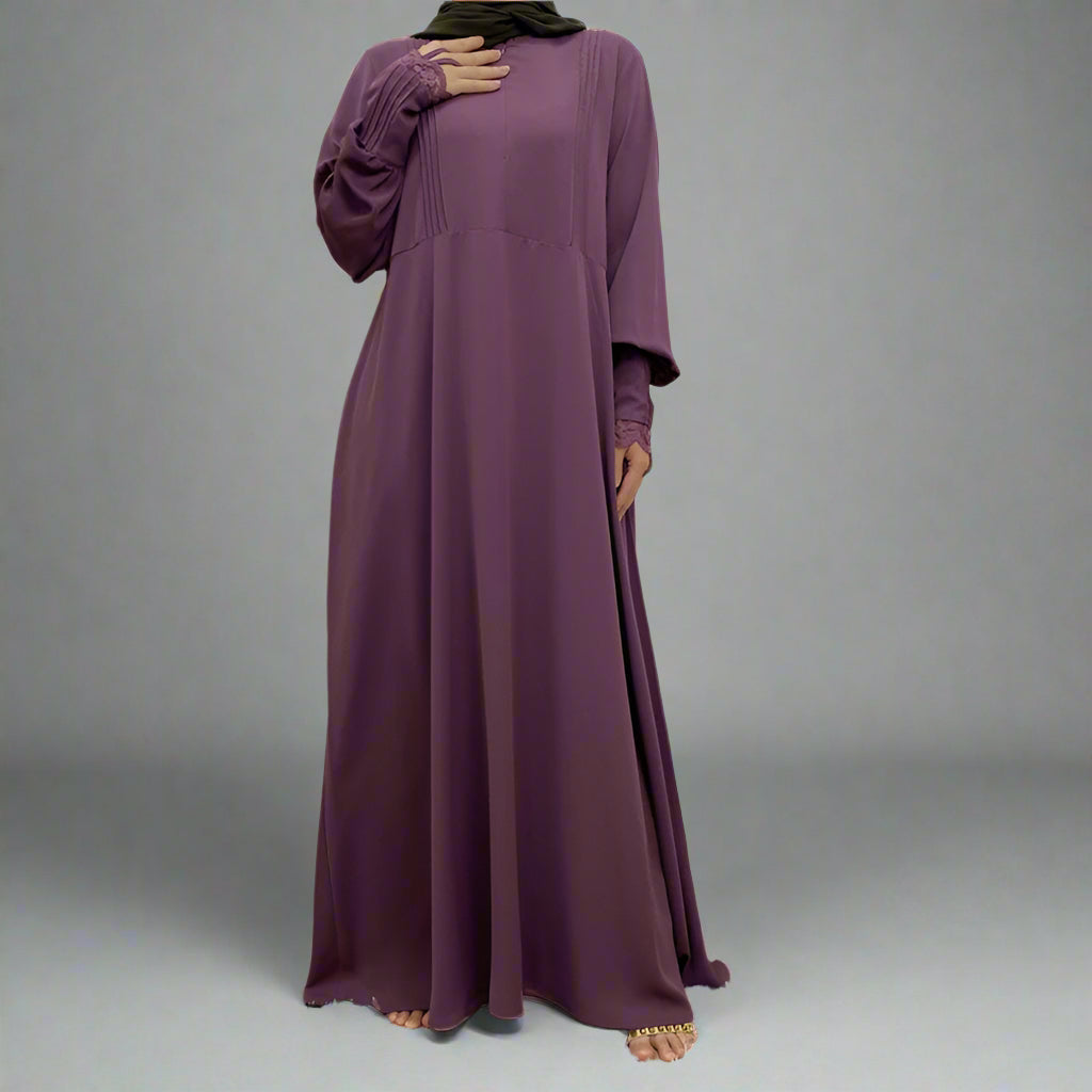 Front Zipper Lace Sleeve Muslim Women Abaya Dress