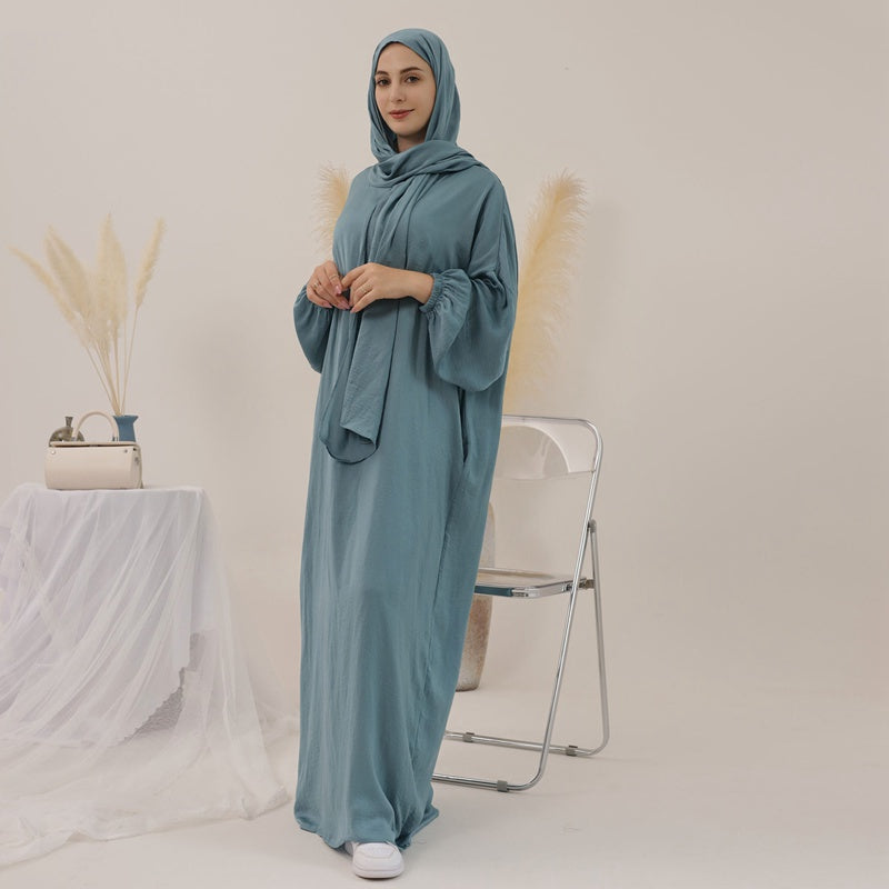 13 Color Options Solid Color Abaya Dress With Hijab Scarf One Piece