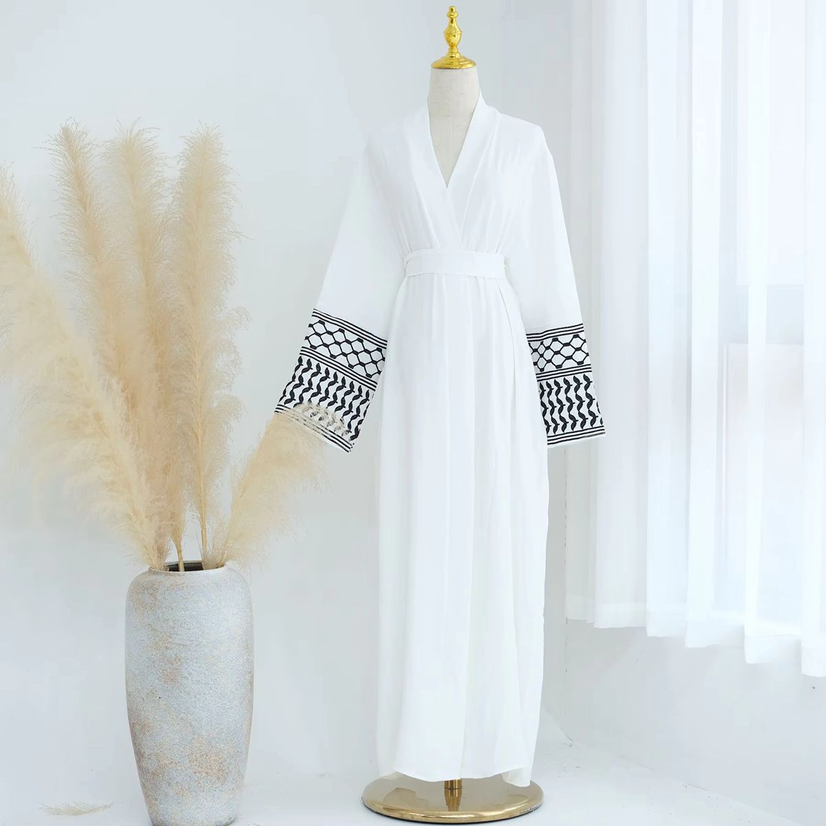 Embroidery Sleeve Muslim Women Open Abaya Dress
