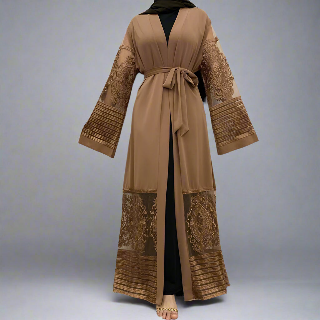 Muslim Women Mesh Embroidery Cardigan Open Abaya Dress