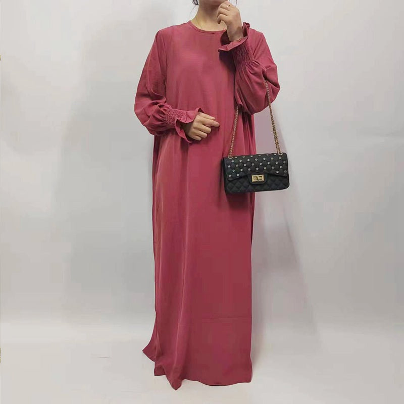 Muslim Women Flower Elastic Sleeve Solid Color Abaya Dress