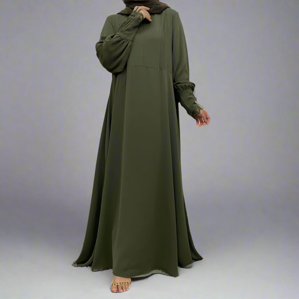 Front Zipper Lace Sleeve Muslim Women Abaya Dress