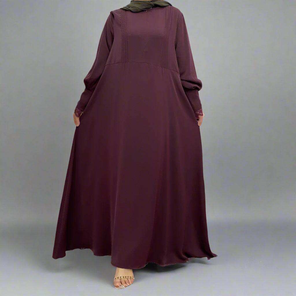 Front Zipper Lace Sleeve Muslim Women Abaya Dress