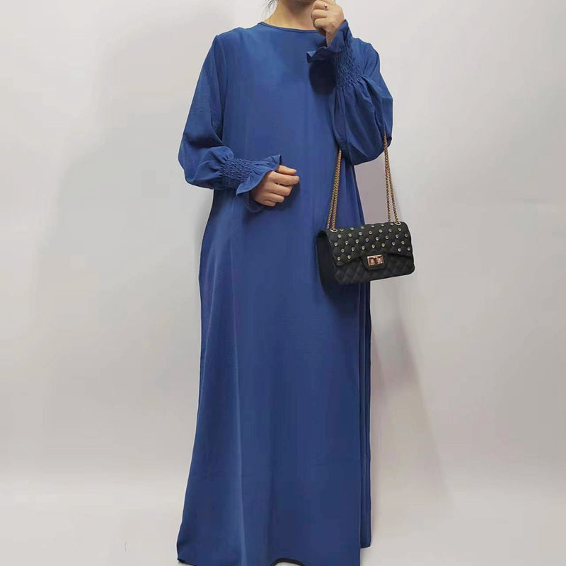 Muslim Women Flower Elastic Sleeve Solid Color Abaya Dress