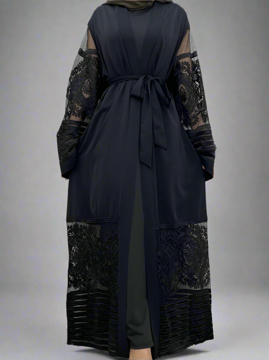 Muslim Women Mesh Embroidery Cardigan Open Abaya Dress