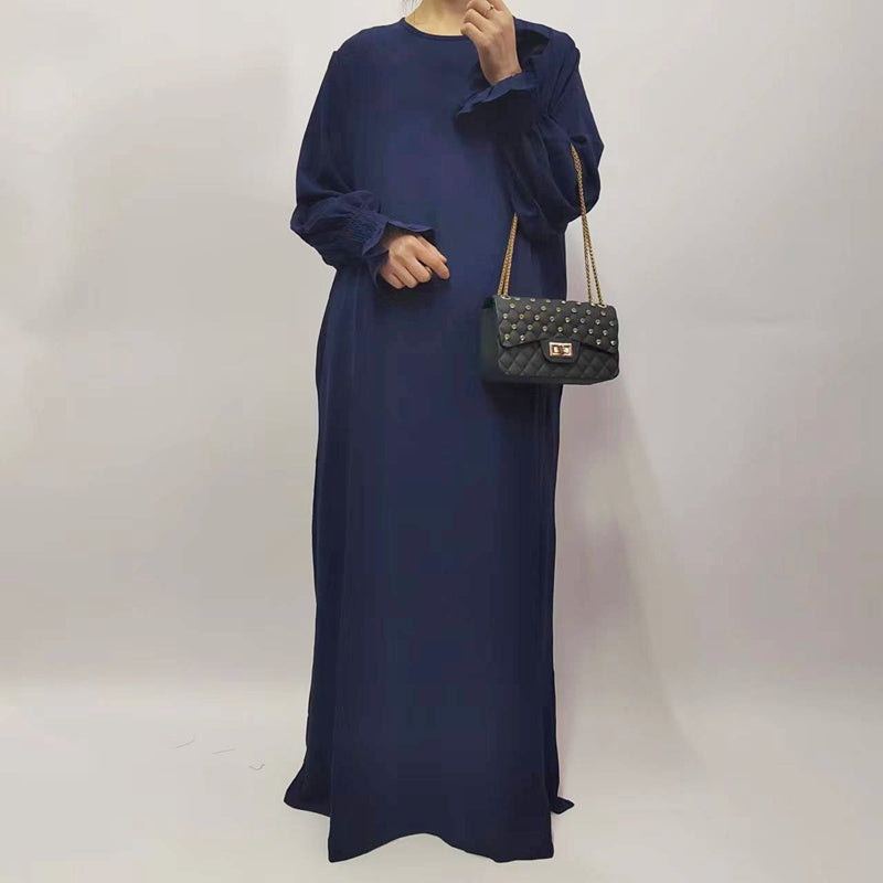 Muslim Women Flower Elastic Sleeve Solid Color Abaya Dress