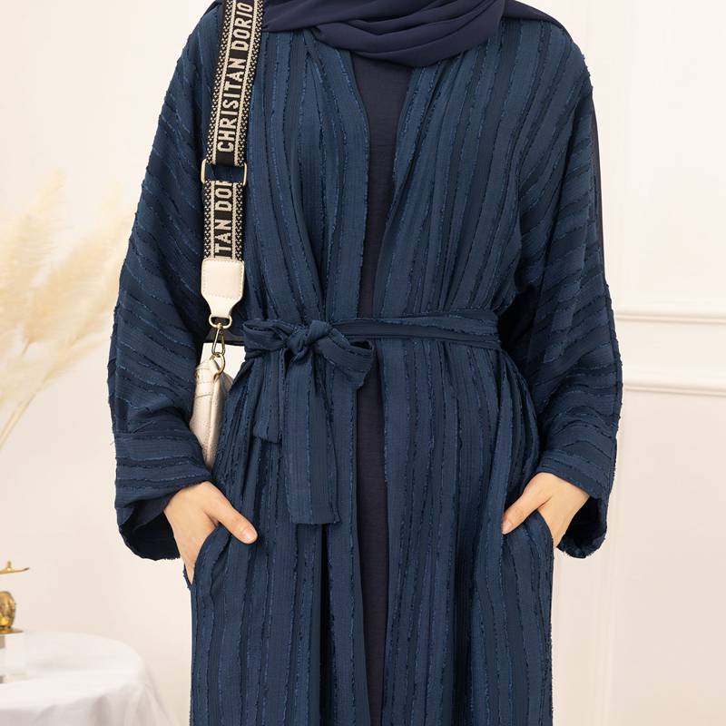 Muslim Women Stripe Cardigan Open Abaya Dress With Hijab Scarf And Pocket