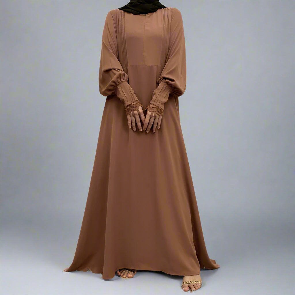 Front Zipper Lace Sleeve Muslim Women Abaya Dress