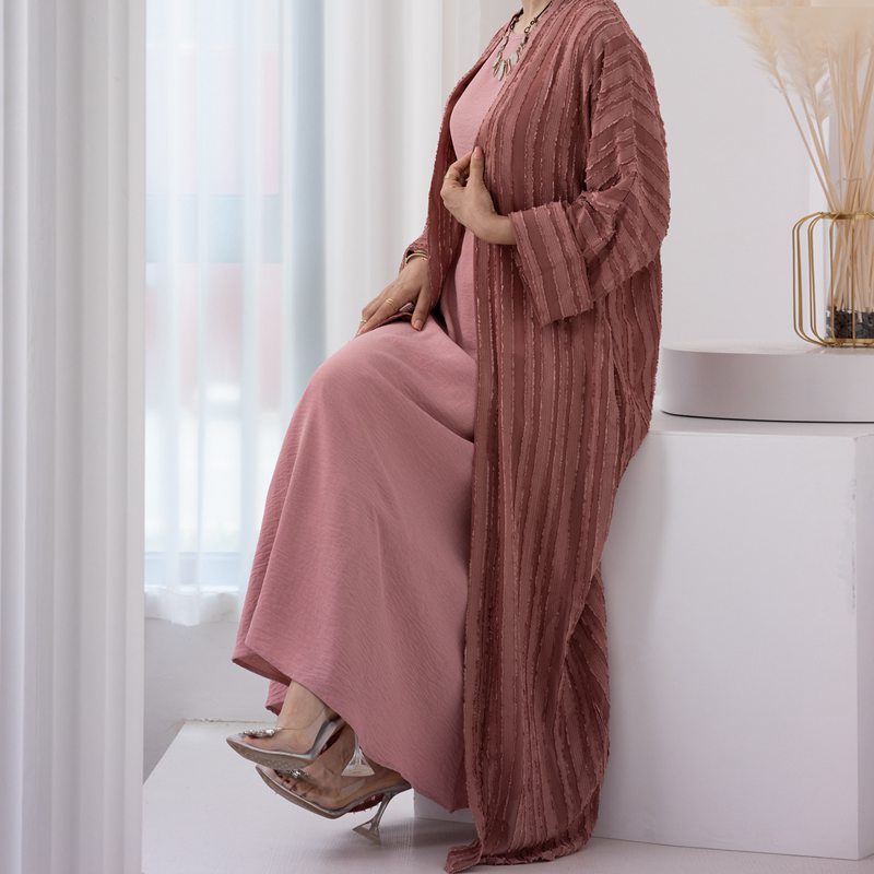 Muslim Women Stripe Cardigan Open Abaya Dress With Hijab Scarf And Pocket