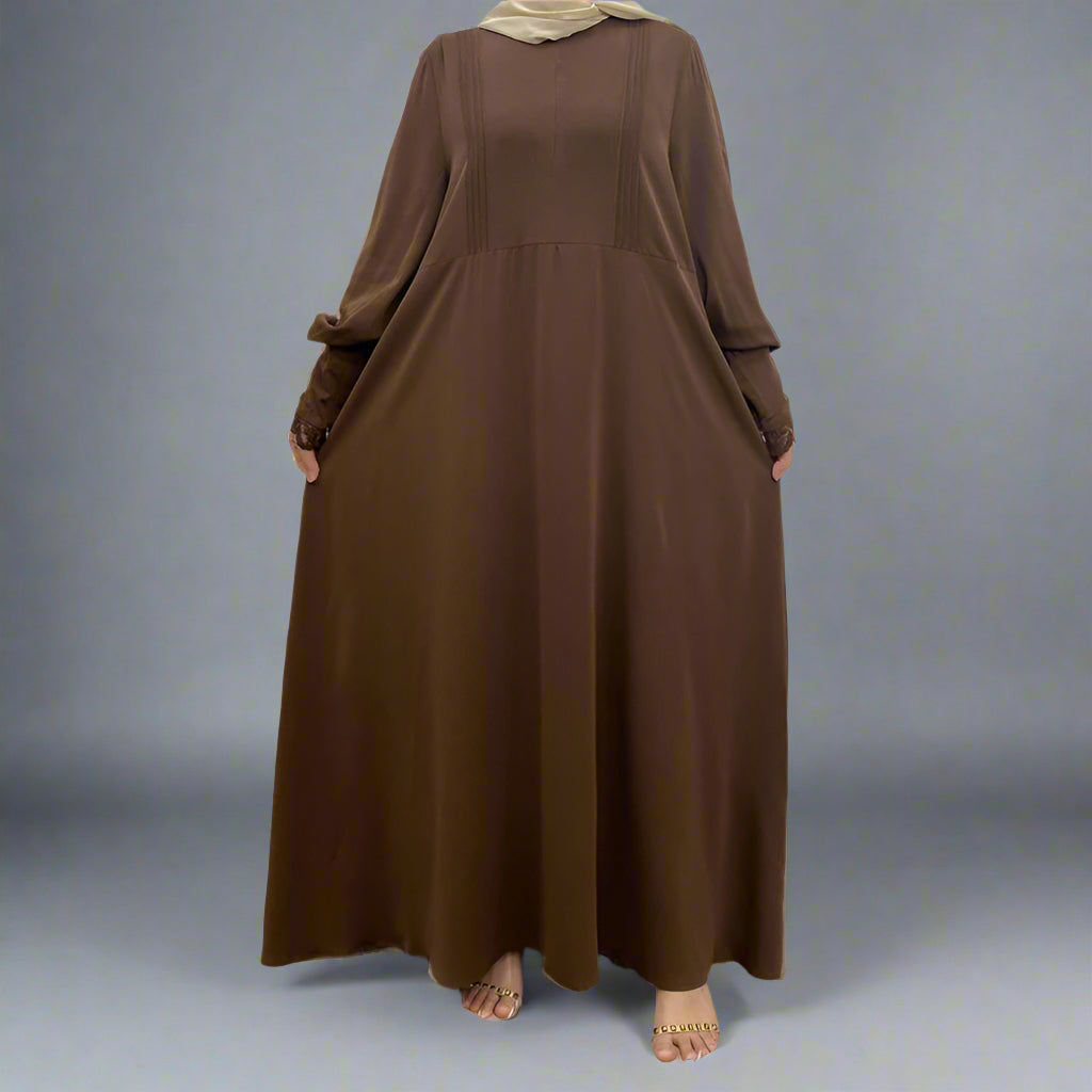 Front Zipper Lace Sleeve Muslim Women Abaya Dress