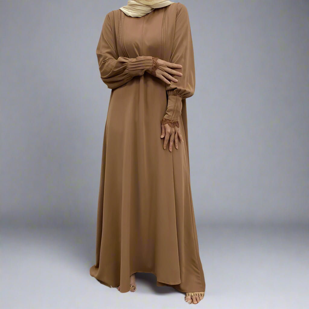 Front Zipper Lace Sleeve Muslim Women Abaya Dress